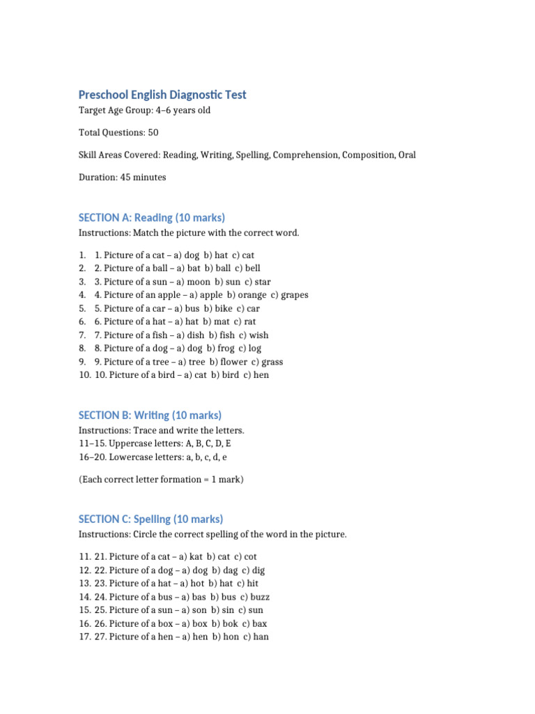Preschool English Diagnostic Test | PDF