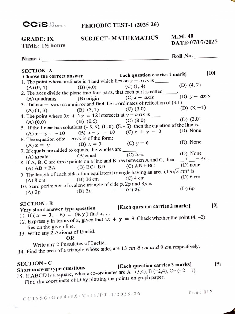 Grade IX Mathematics Periodic Test 2025 | PDF