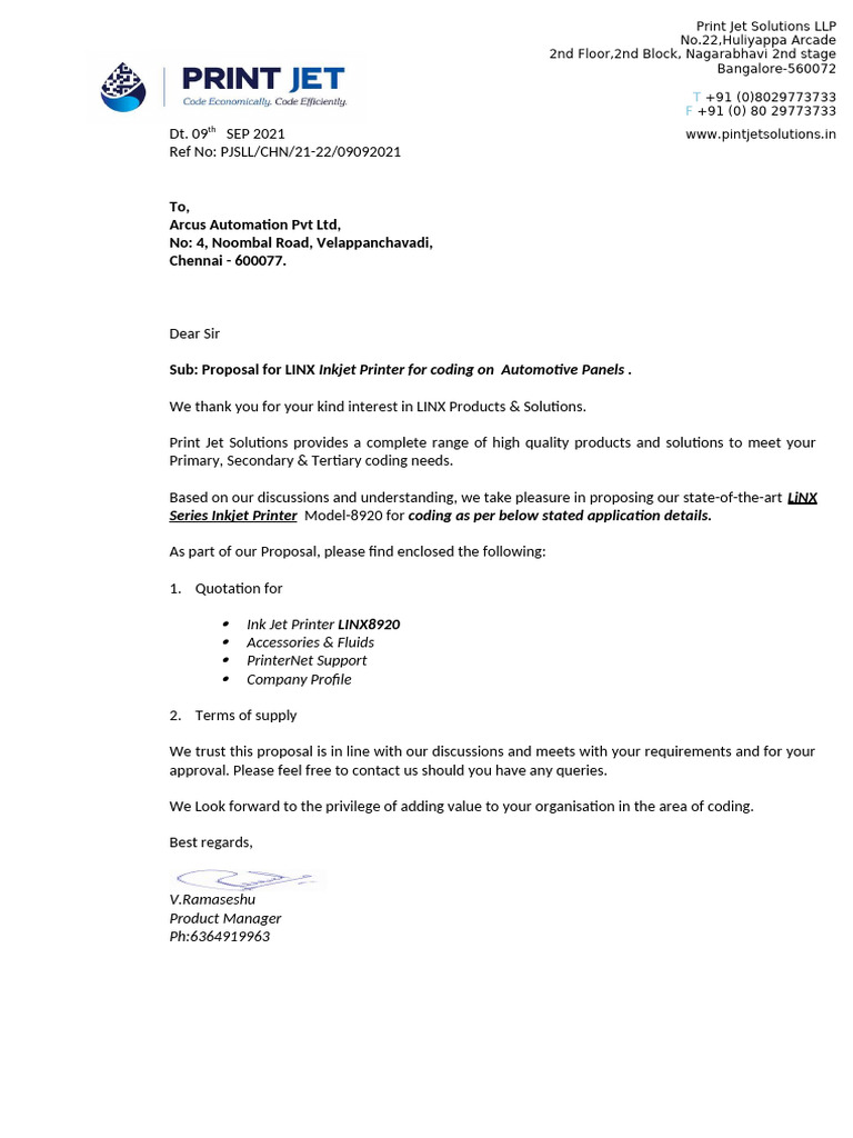 LINX 8920 Printer Proposal for Arcus | PDF | Printer (Computing ...