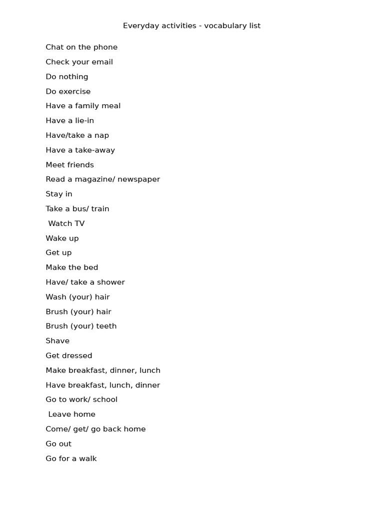 Everyday Activities Vocabulary List | PDF