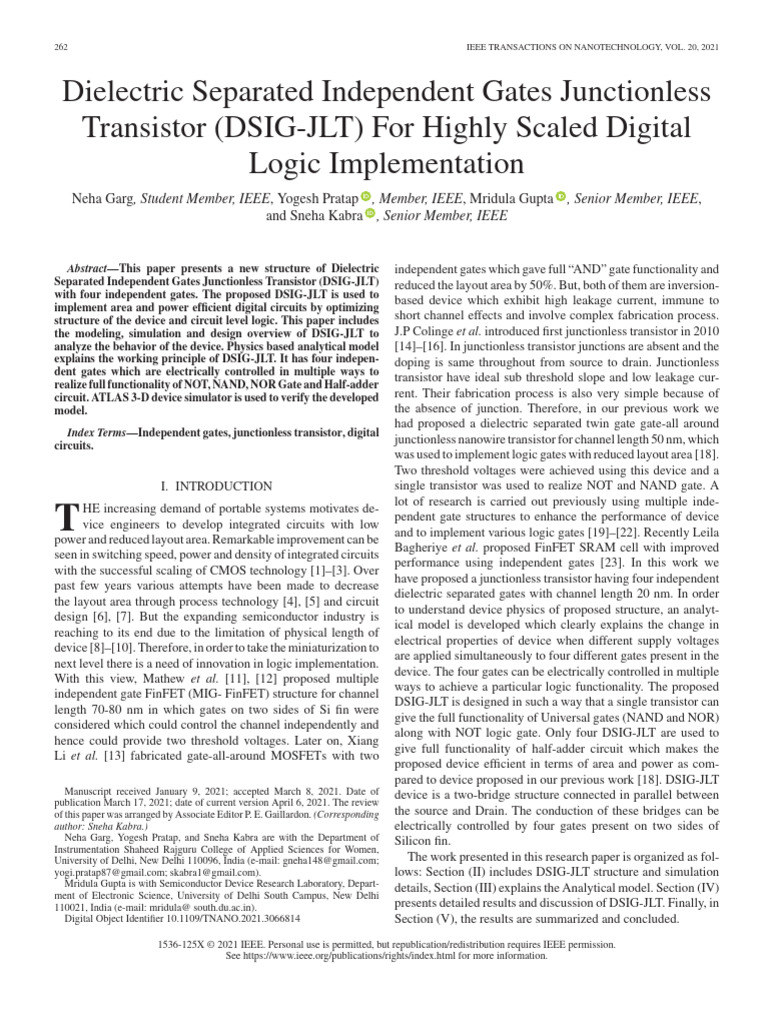 Dielectric Separated Independent Gates Junctionless Transistor DSIG-JLT ...