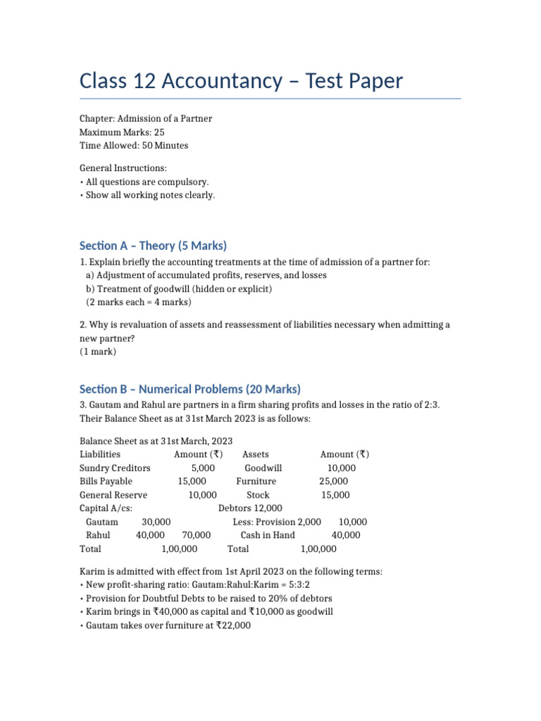 Admission of a Partner: Test Paper | PDF