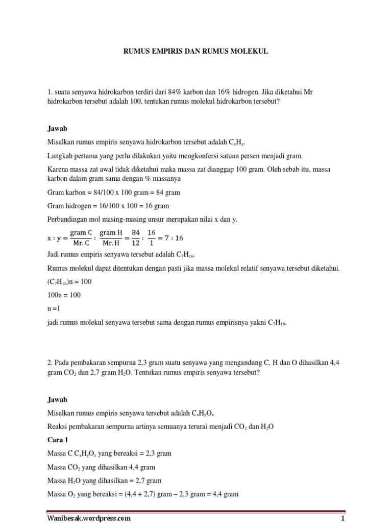 Soal Dan Pembahasan Penentuan Rumus Empiris Dan Rumus Molekul Wanibesak