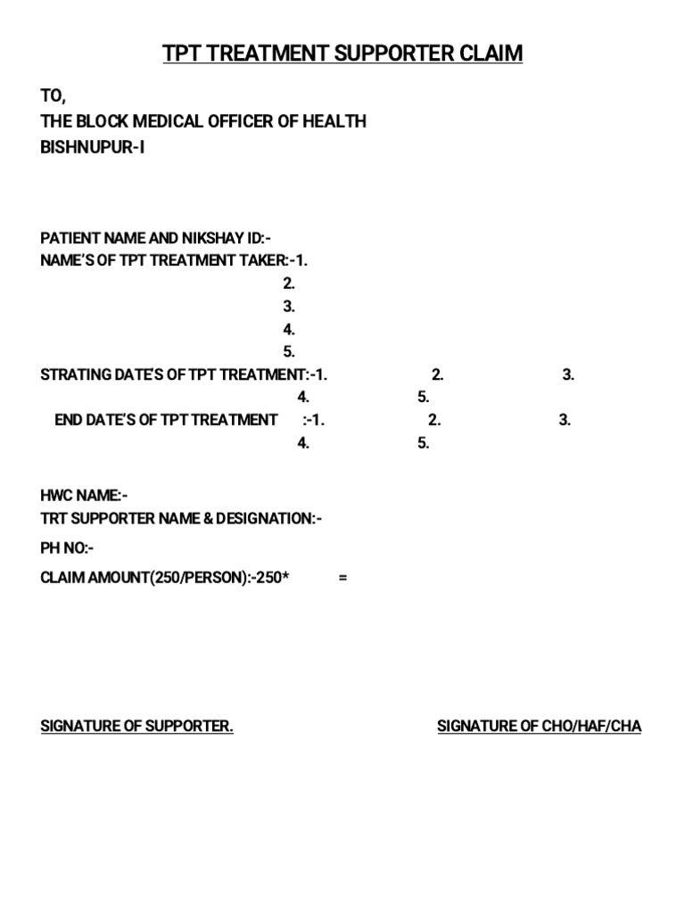 TPT Treatment Supporter Claim: TO, The Block Medical Officer of Health ...