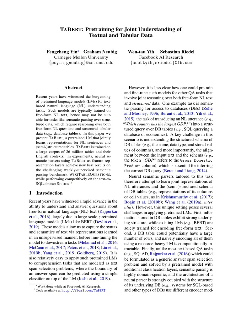 TABERT: Joint Text-Tabular Data Model | PDF | Parsing