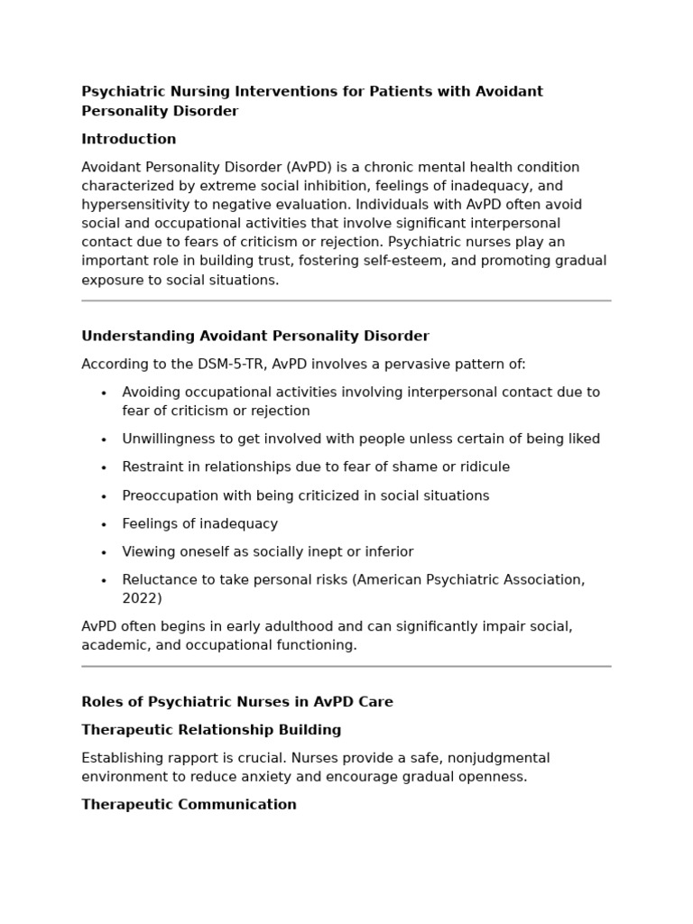 Nursing Interventions for AvPD | PDF | Mental Disorder | Personality ...
