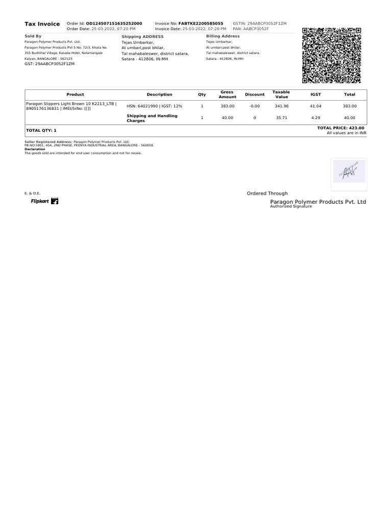 Tax Invoice for Paragon Slippers Order | PDF | Governance | Economy Of ...
