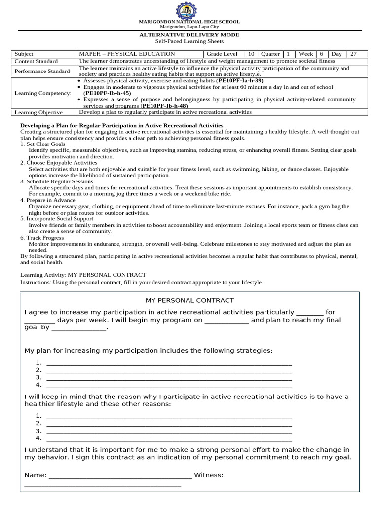 Active Recreation Plan for Grade 10 MAPEH | PDF | Physical Fitness | Goal