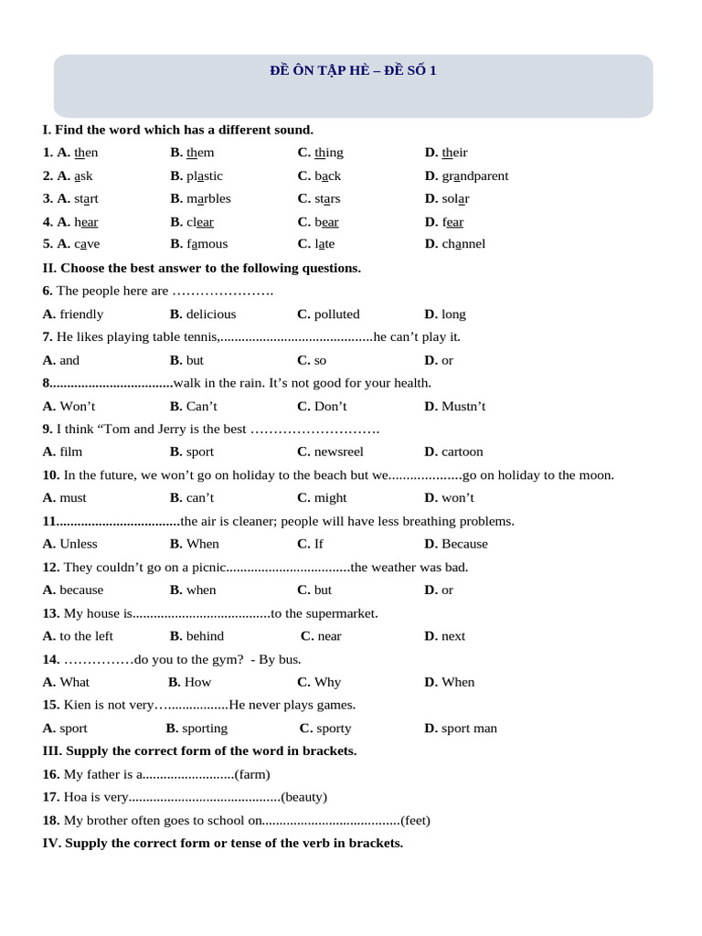 De On Tap He Lop 6 Len Lop 7 Mon Tieng Anh de So 1 1656306066 | PDF