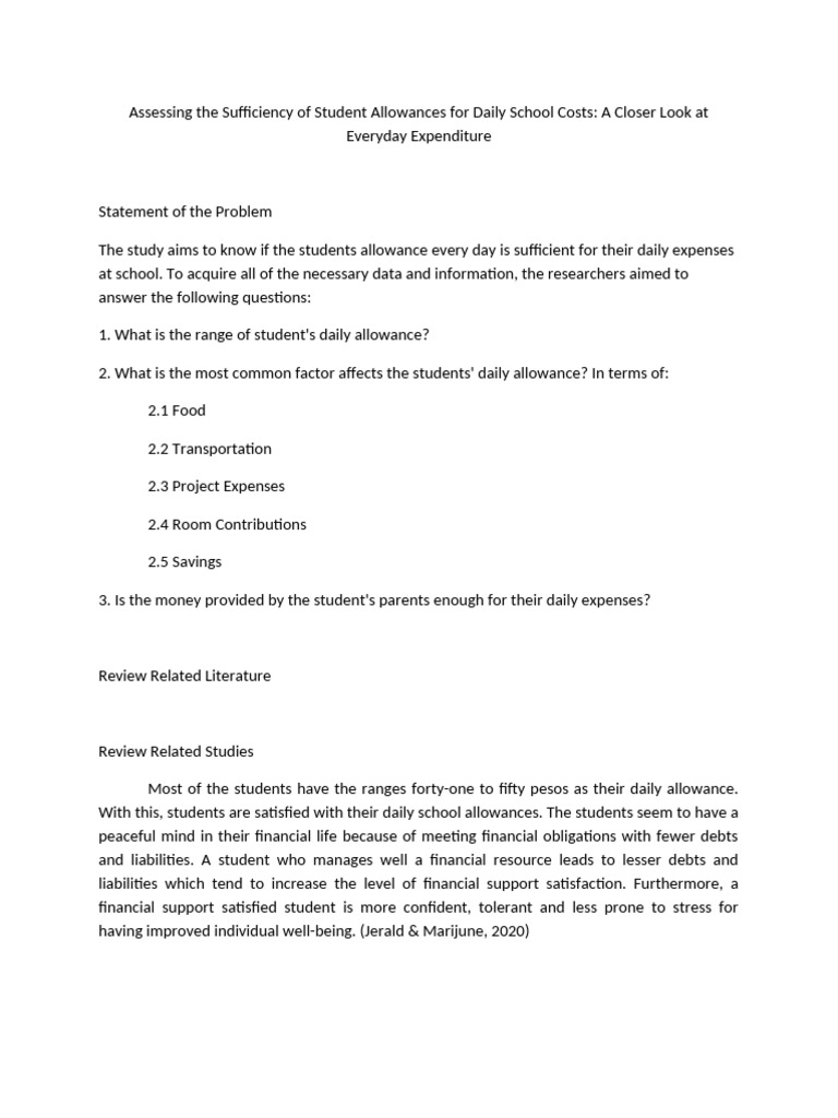 Assessing The Sufficiency of Student Allowances For Daily School Costs ...