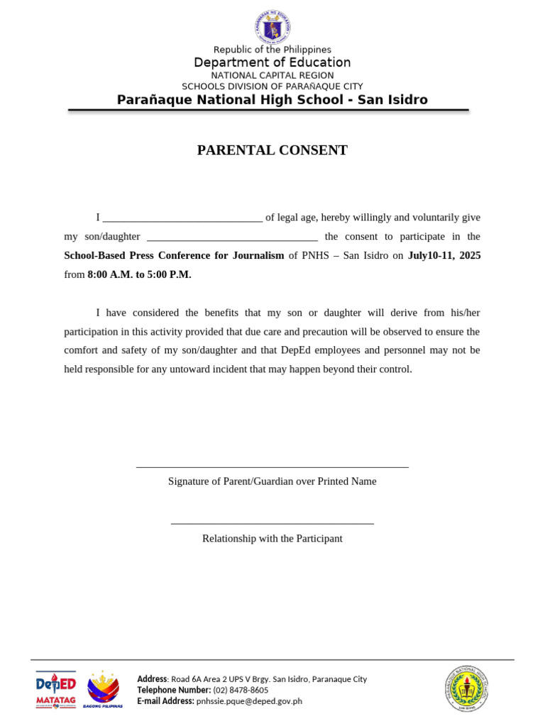 Parental Consent for PNHS Journalism Event | PDF