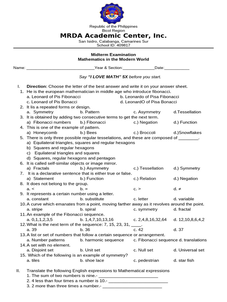 Bicol Region Math Midterm Exam 2023 | PDF | Mathematics