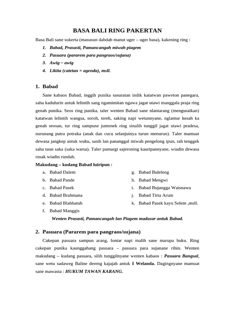 Babad dan Awig-Awig dalam Basa Bali | PDF