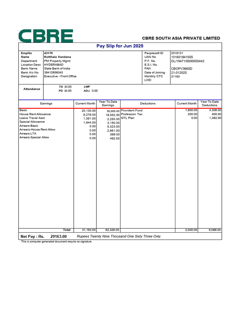 June 2025 Pay Slip - CBRE South Asia | PDF