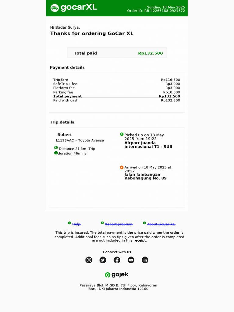 GoCar XL Trip Receipt Summary | PDF