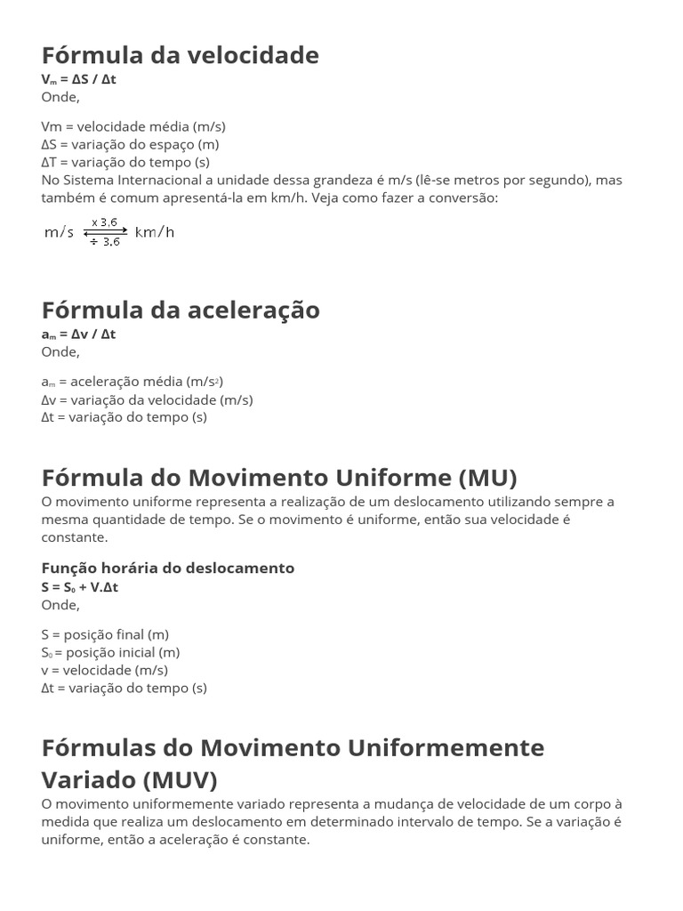 Fórmulas de Cinemática e Aceleração | PDF