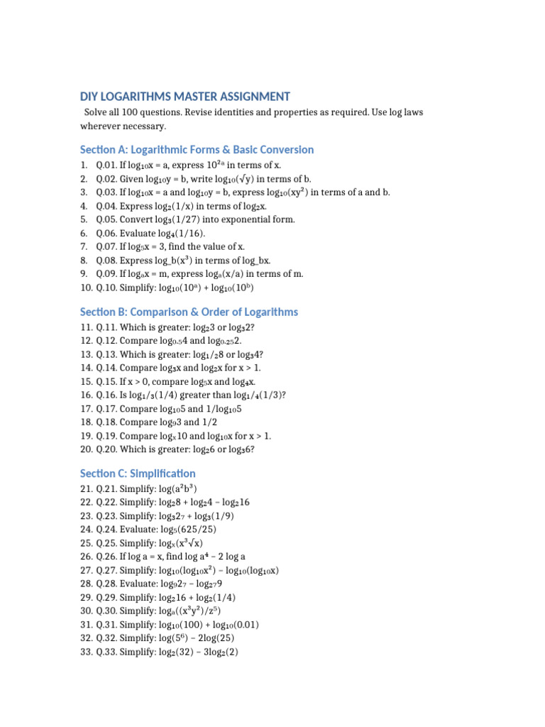 Comprehensive Logarithms Assignment | PDF | Logarithm | Applied Mathematics