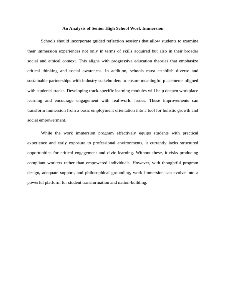 Enhancing Senior High School Work Immersion | PDF | Experience | Learning