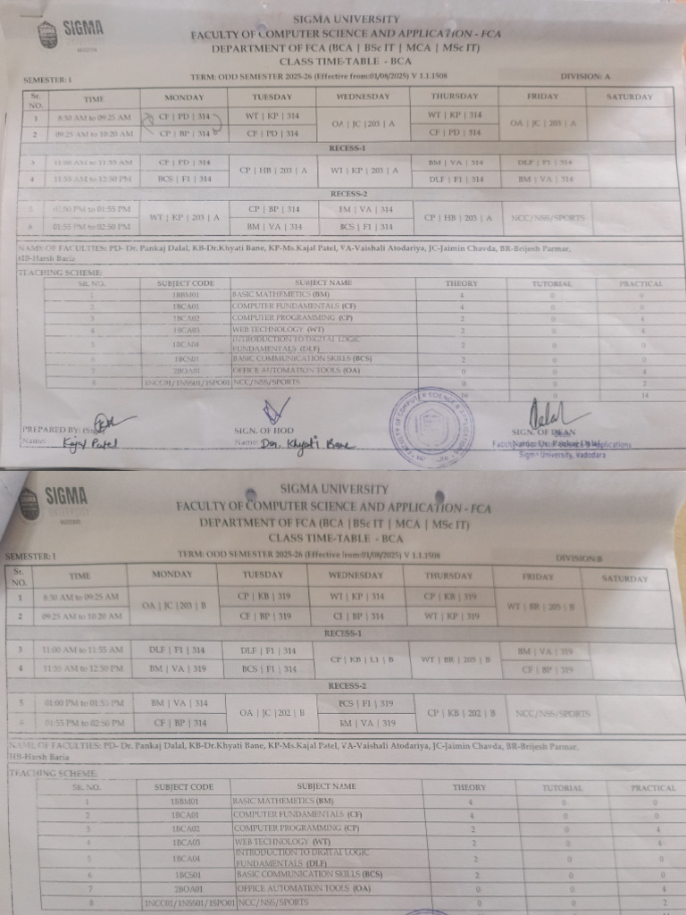BCA Class Timetable 2025-26 | PDF | Inquiry | Science