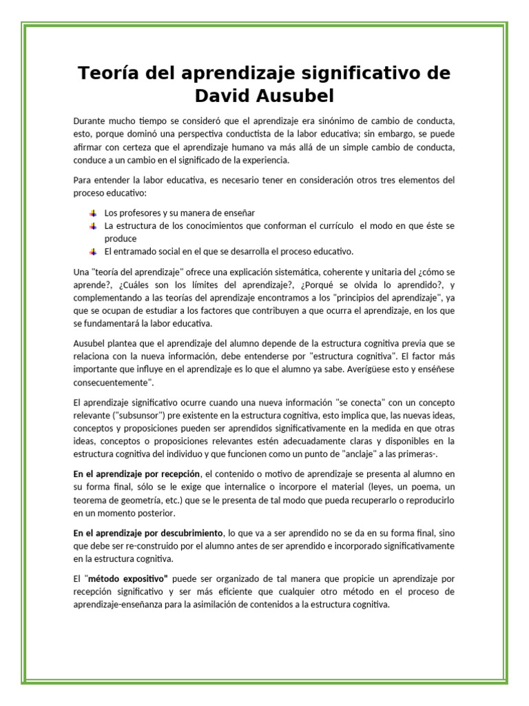 Teoría del Aprendizaje Significativo de Ausubel | PDF | Aprendizaje ...