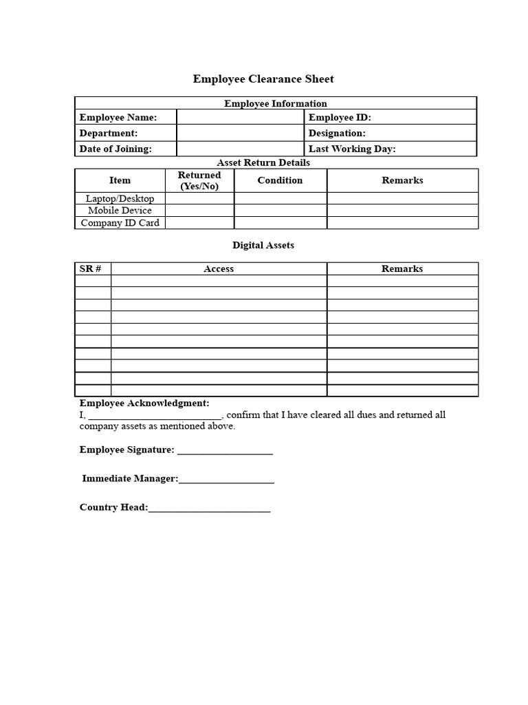 Employee Clearance Sheet Template | PDF