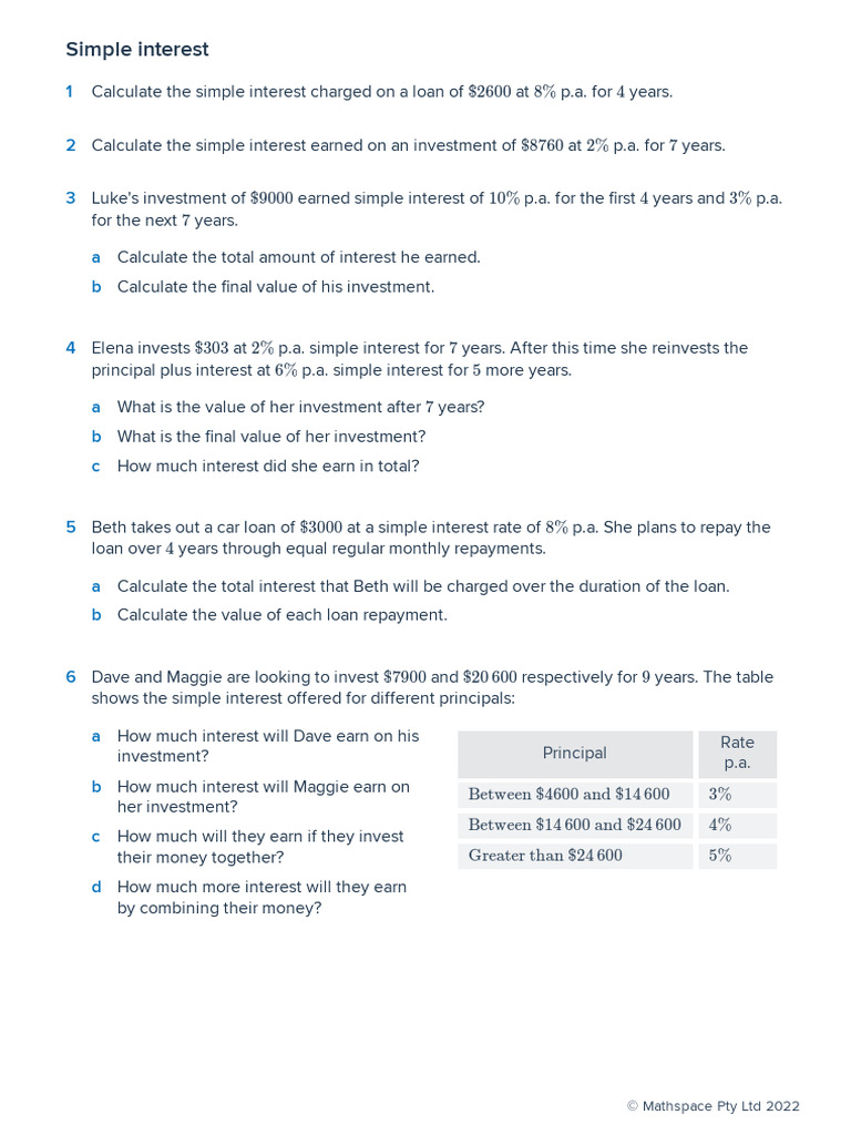 2.01 Simple Interest Formula - Worksheet | PDF | Interest | Loans