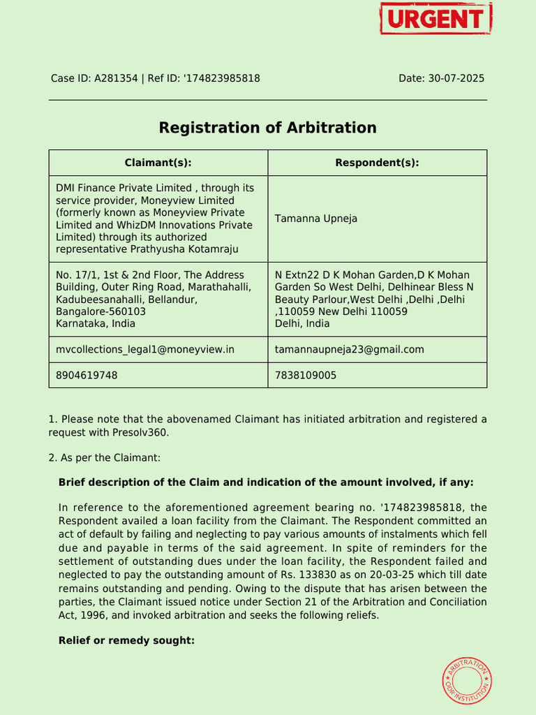 Regn281354 1753882047 | PDF | Arbitral Tribunal | Arbitration