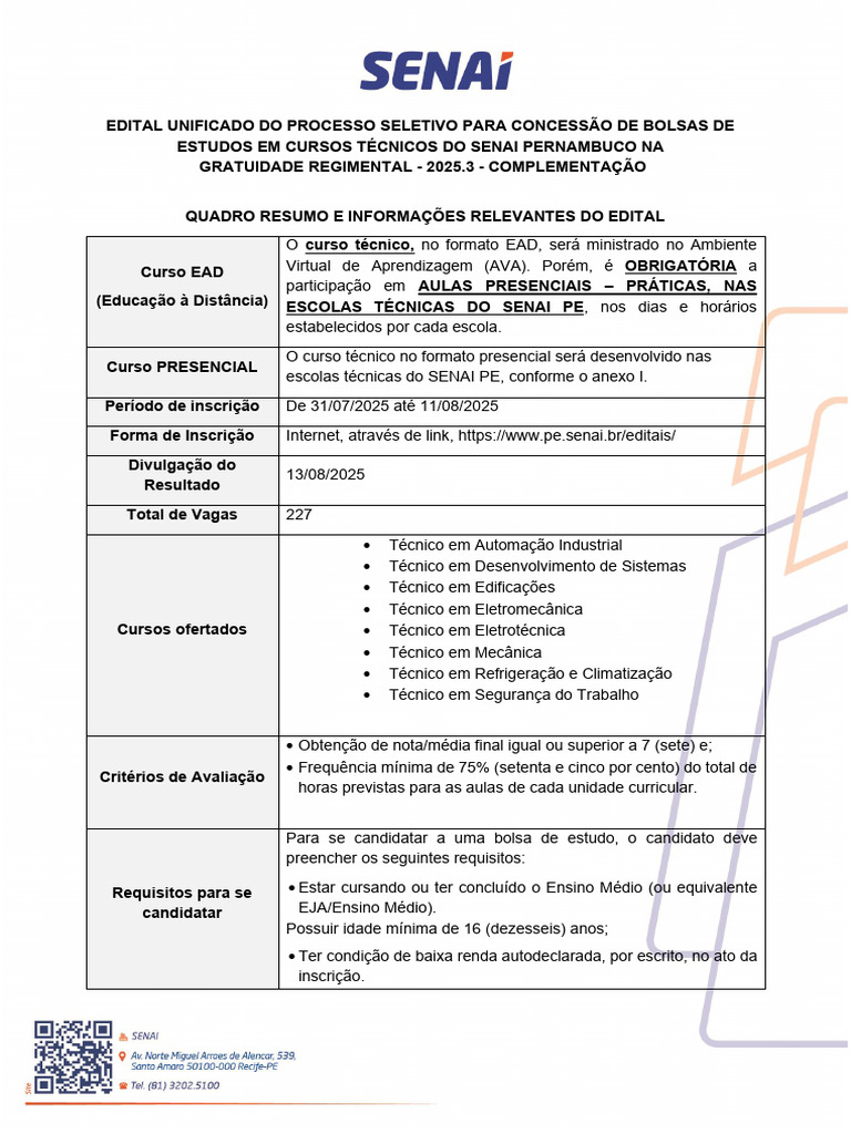 Bolsas de Estudo SENAI PE 2025.3 | PDF | Educação à distância ...