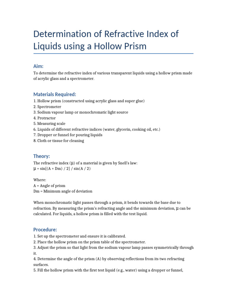 Refractive Index Measurement with Prism | PDF | Refractive Index ...