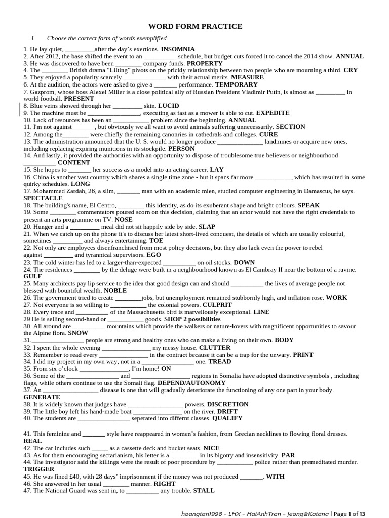 Word Form Practice Exercise | PDF