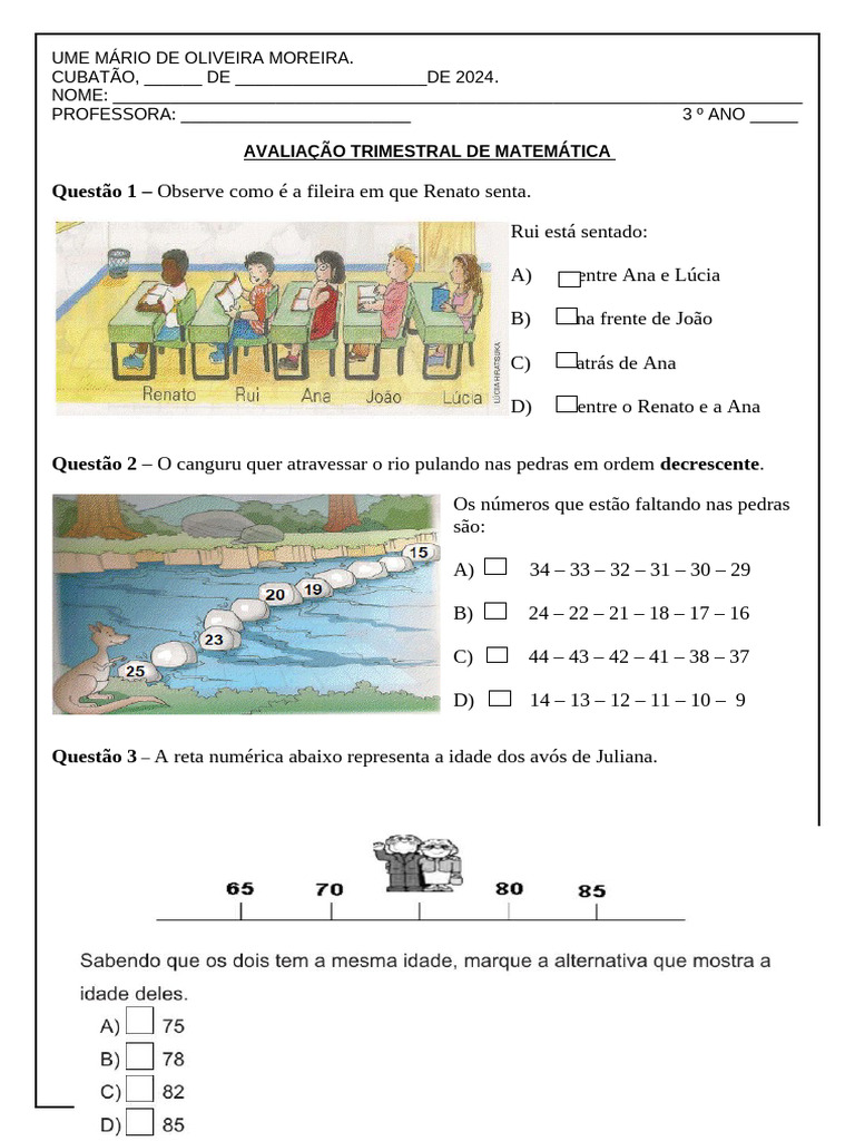Avaliação de Matemática 3º Ano 2024 | PDF