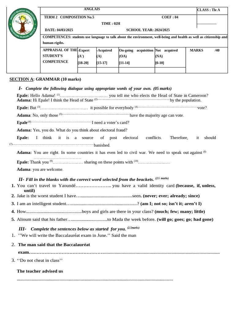 Tle A Term 2 English Composition Exam | PDF | Government