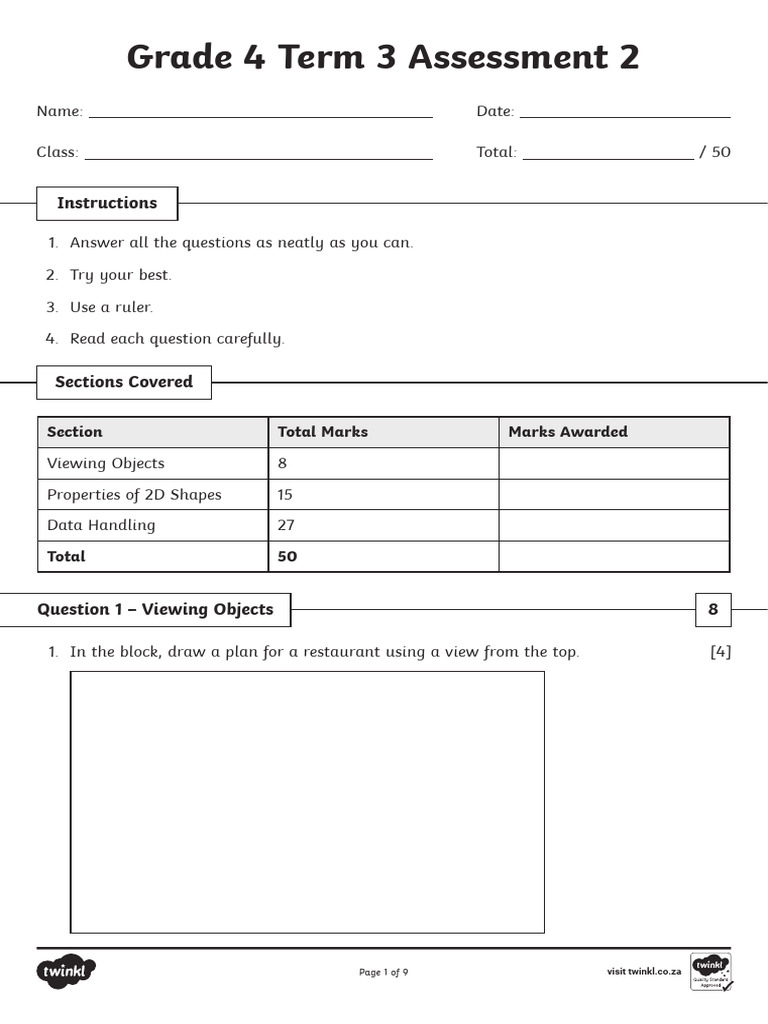 Grade 4 Term 3 Maths Assessment | PDF | Shape | Drink
