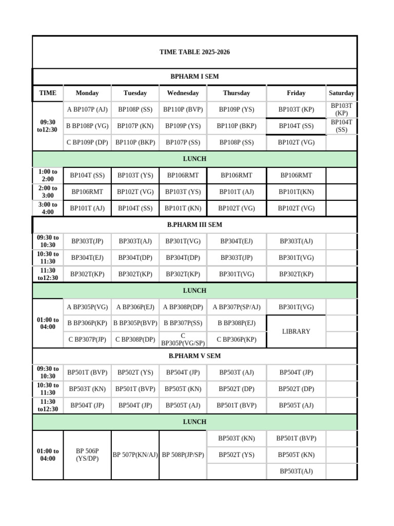 BPharm 2025-2026 Timetable Overview | PDF | Pharmacology | Pharmacognosy