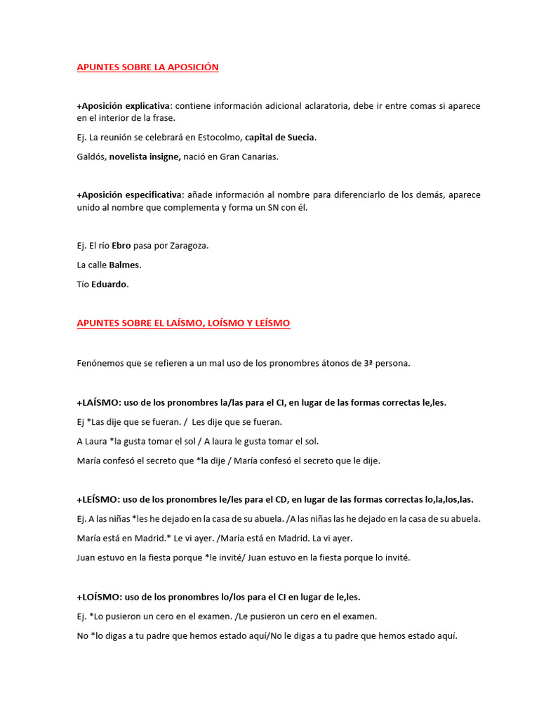 Aposición y errores de pronombres en español | PDF