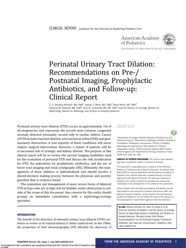 Pediatric Perinatal Urinary Tract Dilation Guide | PDF | Medical ...
