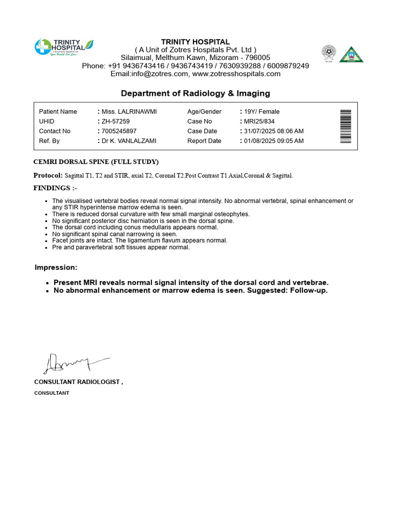 MRI Report for Lalrinawmi | PDF