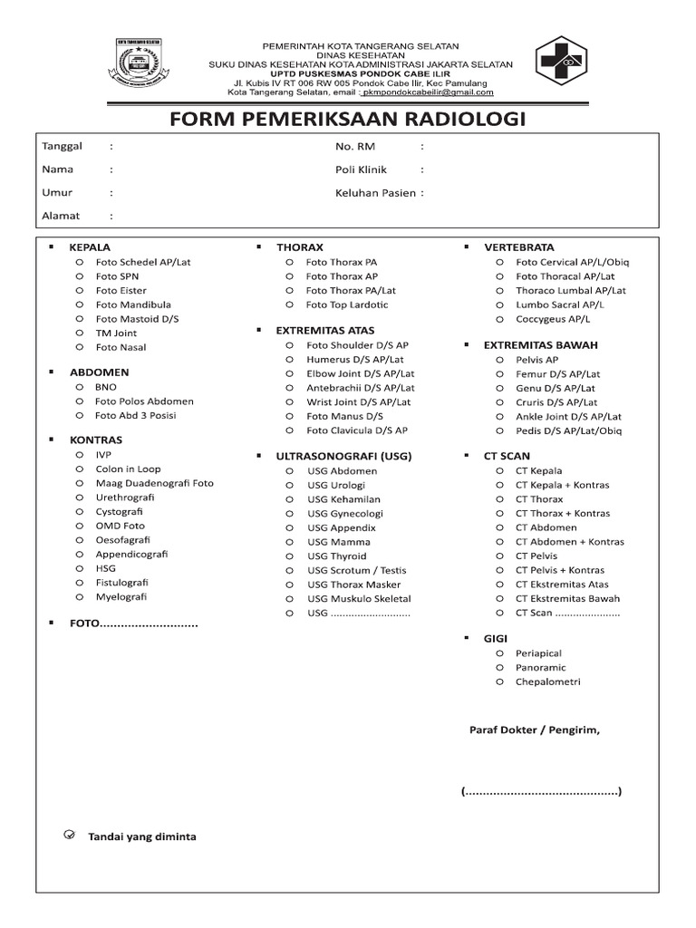 Form Pemeriksaan Radiologi UPTD Puskesmas Pondok Cabe Ilir | PDF