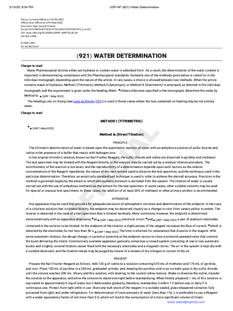 USP Water Determination Methods | PDF | Titration | Chemistry