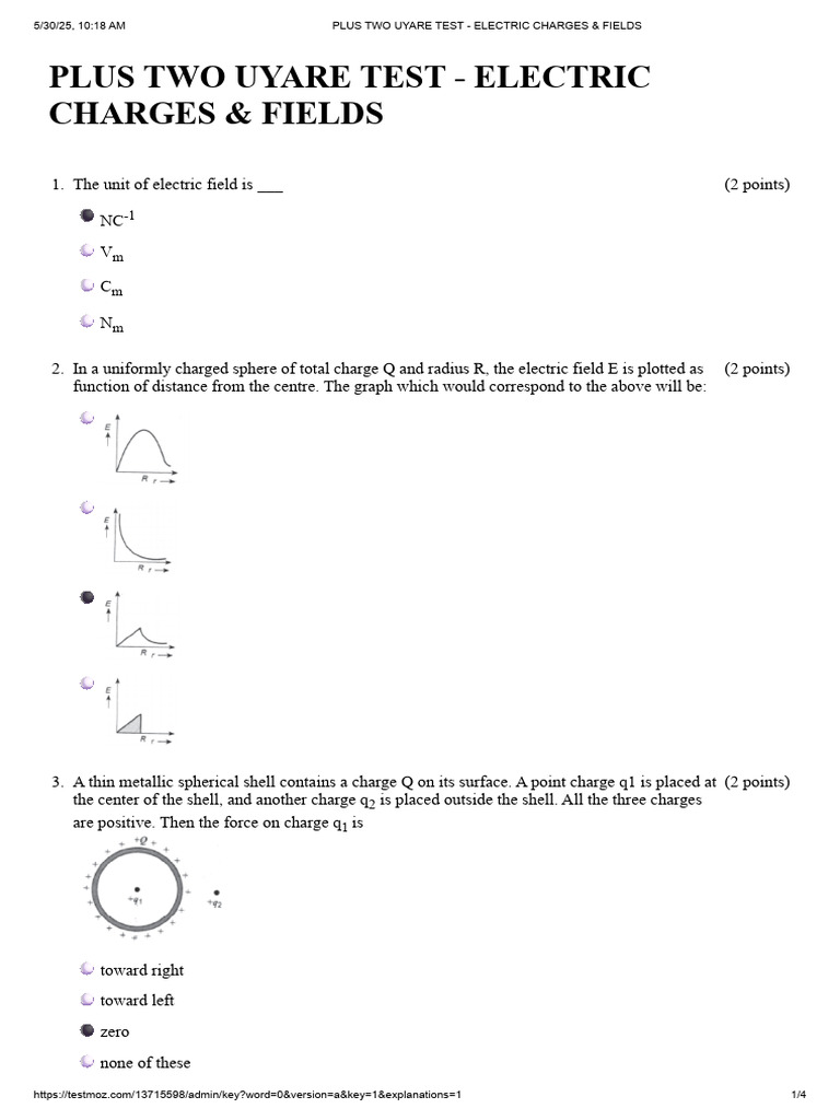 Electric Charges and Fields Chapter Wise Exam Chapter Wise Exam 2025-26 ...