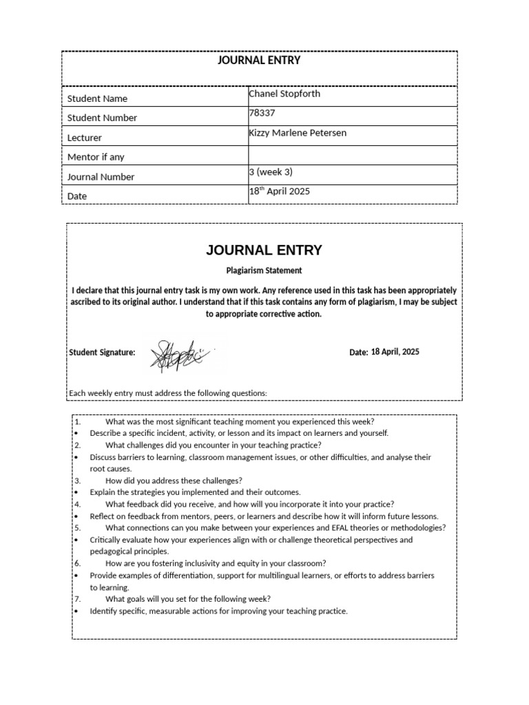 Weekly Teaching Reflection Journal Entry | PDF | Learning | Human ...