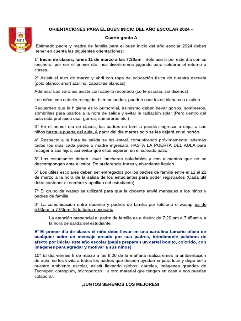 Orientaciones para El Buen Inicio Del Año Escolar 2024 | PDF