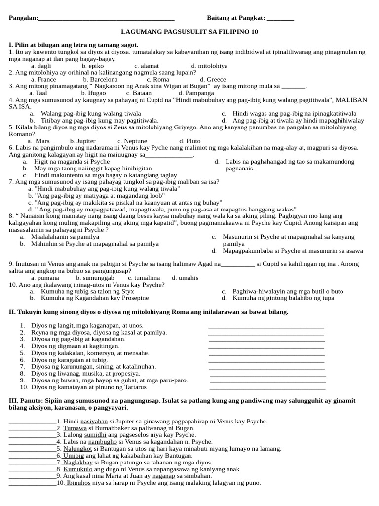 Unang Lagumang Pagsusulit Sa Filipino 10 | PDF
