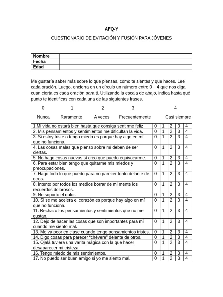 Cuestionario AFQ-Y para Jóvenes | PDF