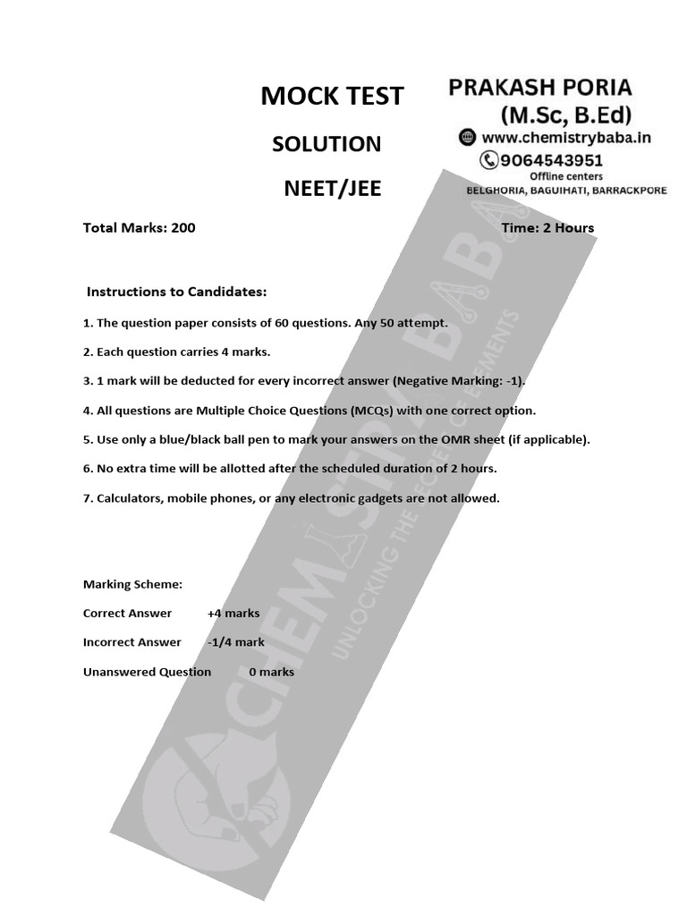 NEET/JEE Mock Test Solution Guide | PDF | Distillation | Vapor