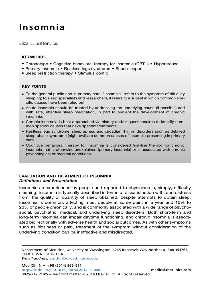 Insomnia: Evaluation and Treatment Guide | PDF | Insomnia | Sleep