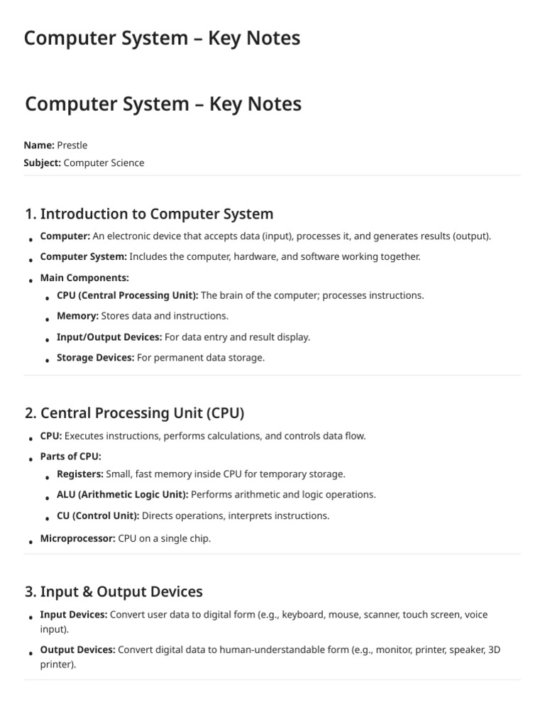 Computer System Key Notes Overview | PDF | Central Processing Unit ...