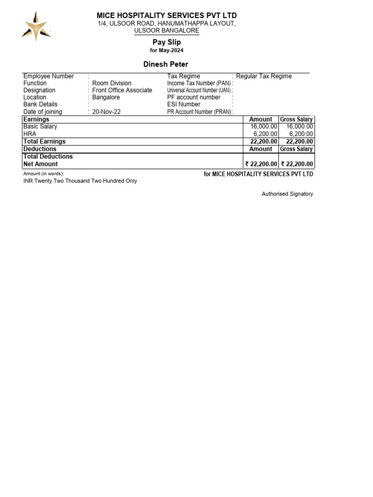 May 2024 Pay Slip for Dinesh Peter | PDF