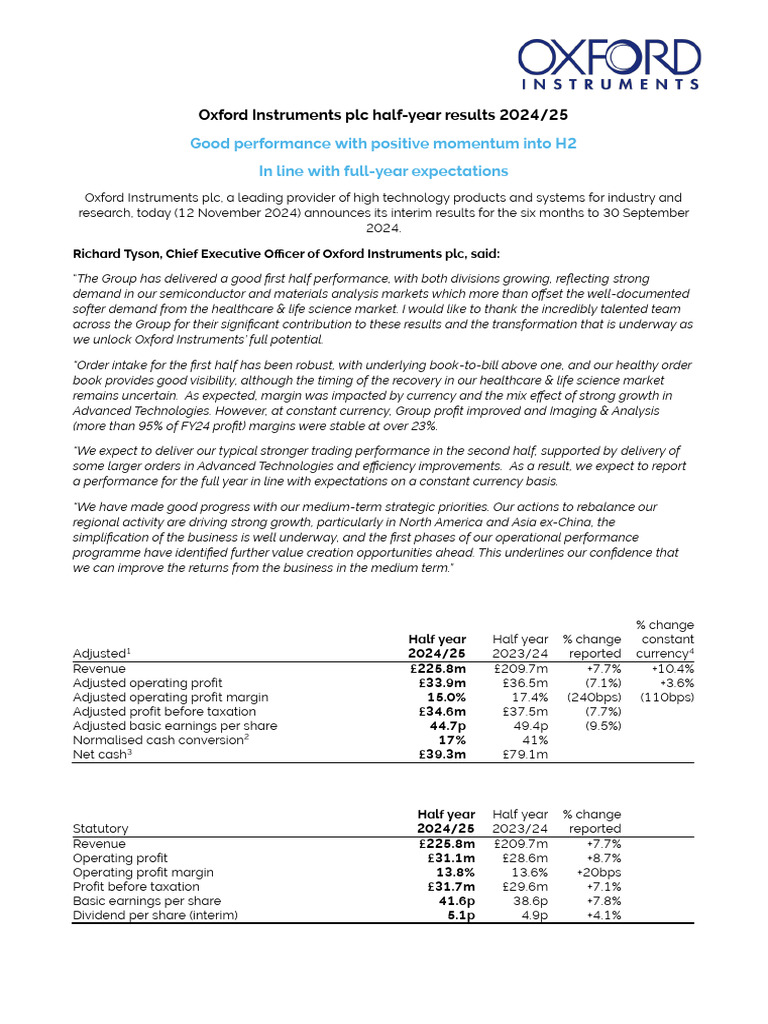 Oxford Instruments H1 Results 2024/25 | PDF | International Financial ...
