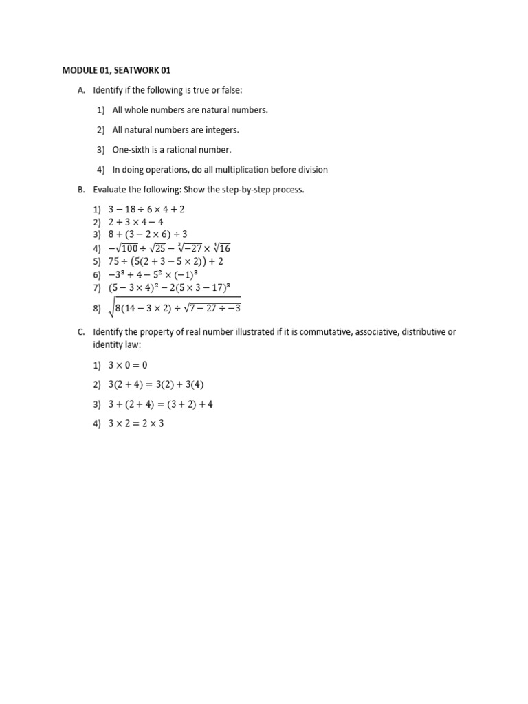 Math Operations and Properties Exercises | PDF